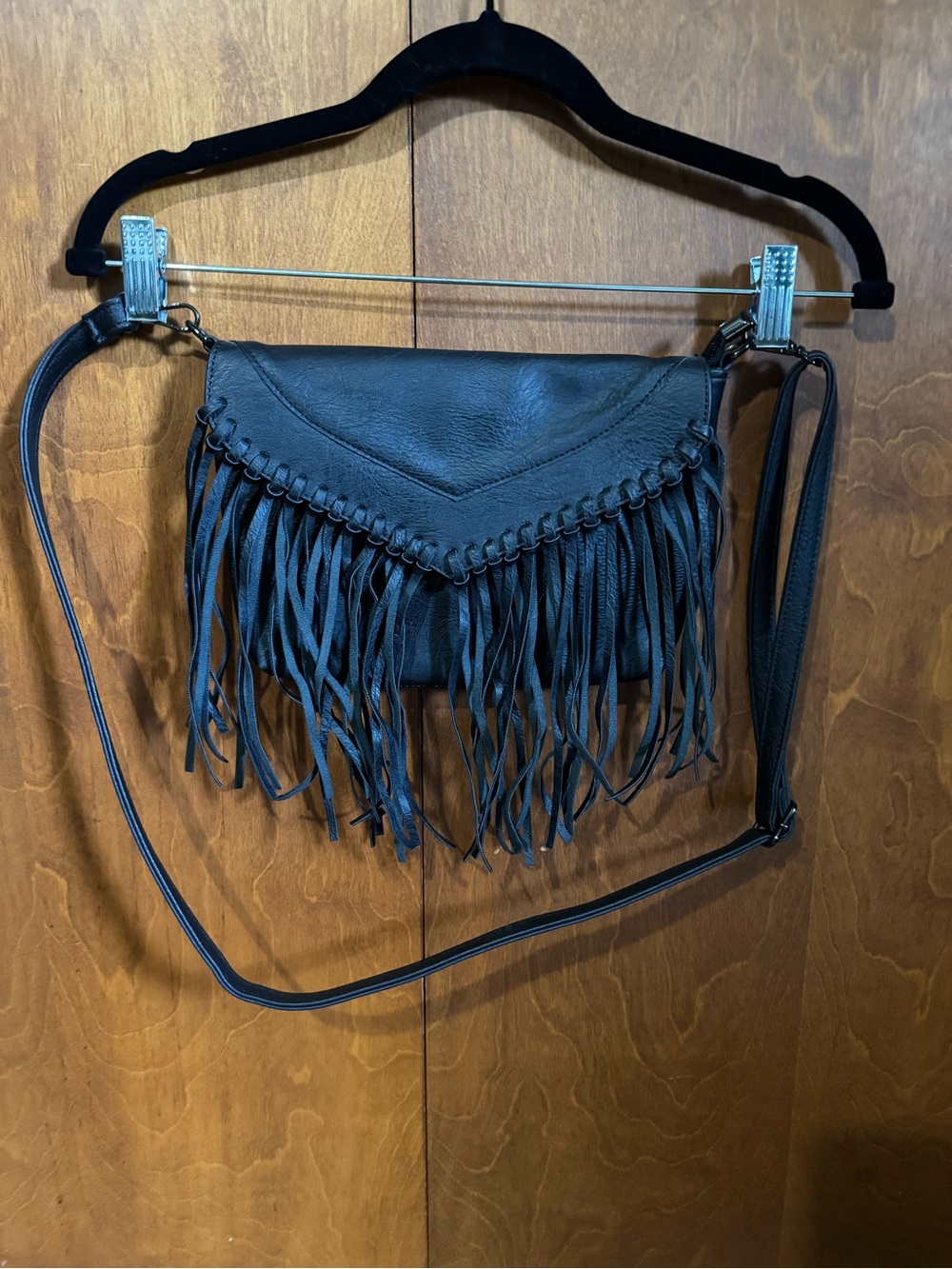 Fringed Black Crossbody Bag with Braided Trim